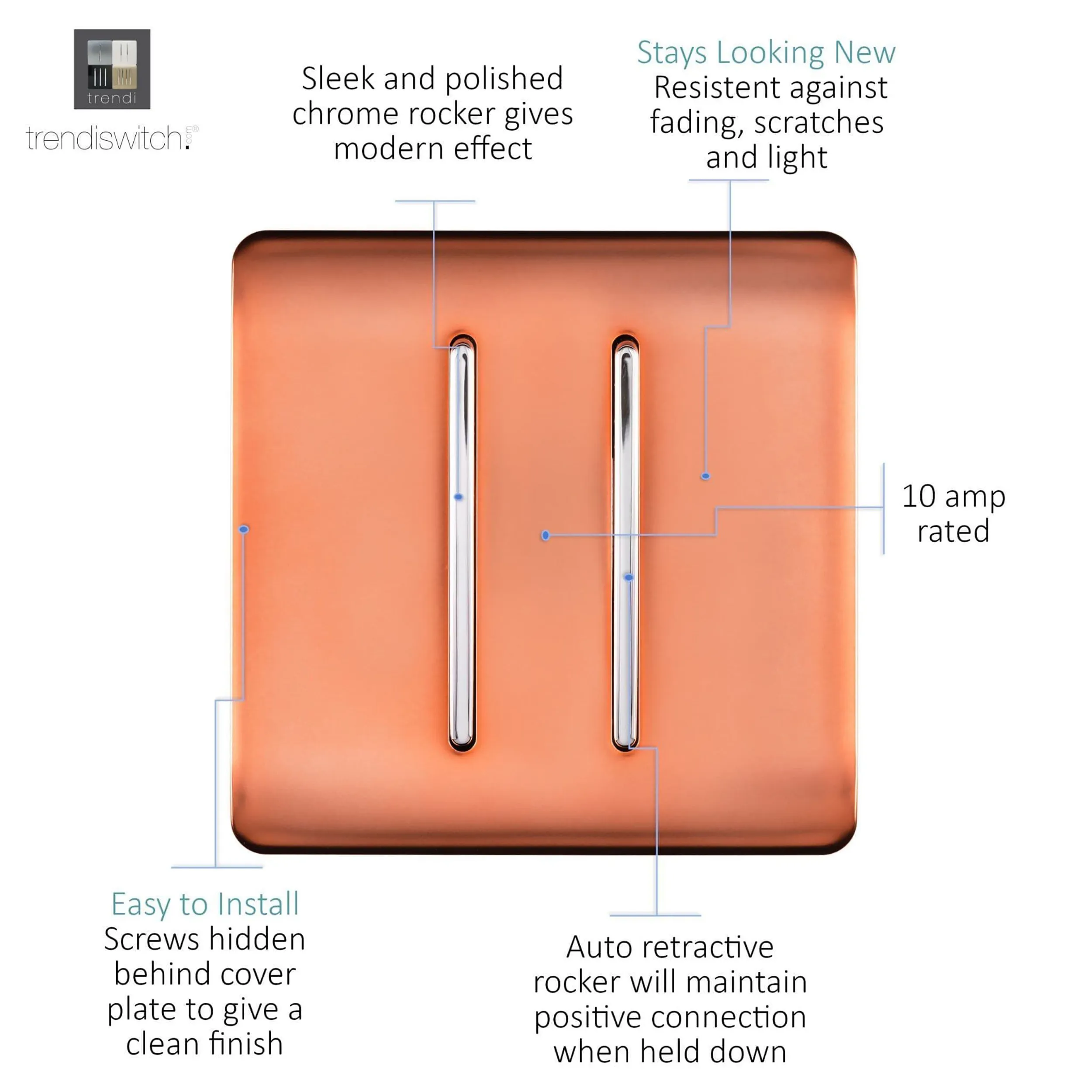 2 Gang Retractive Home Auto.Switch Copper ART-SSR2CPR  Trendi Copper